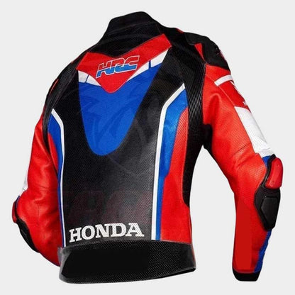 Premium men's motorbike jacket featuring Honda racing colors and protective armor by Jackets Kingdom