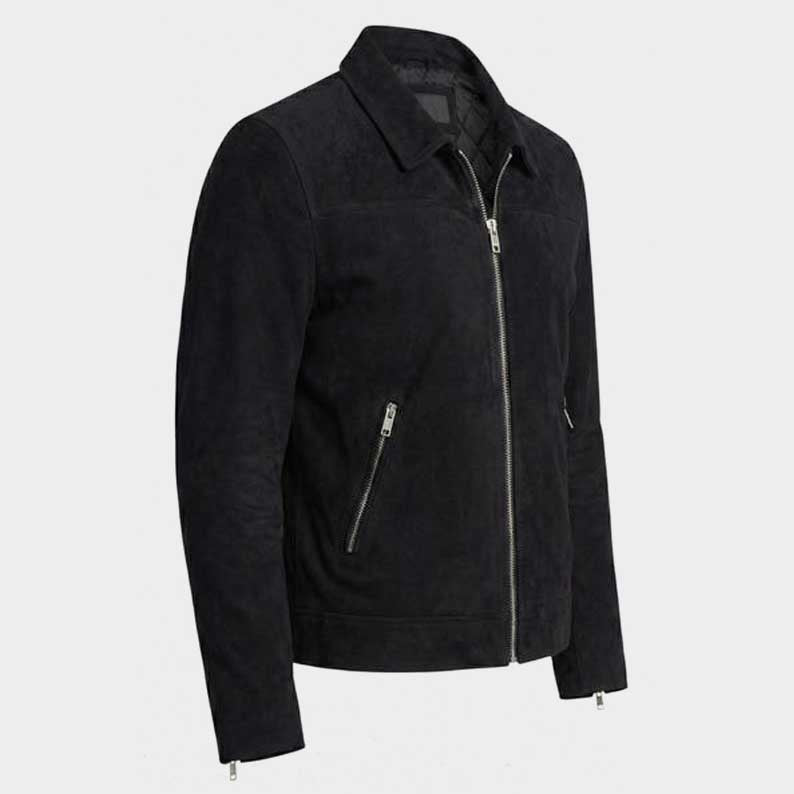 Premium men's suede trucker jacket showing quilted viscose lining and chest pockets by Jackets Kingdom