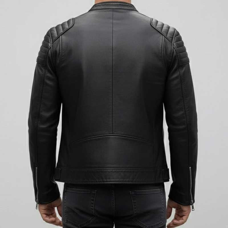 Premium motorcycle jacket featuring quilted stitching on shoulders and zippered pockets