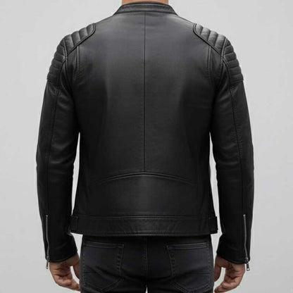 Premium motorcycle jacket featuring quilted stitching on shoulders and zippered pockets