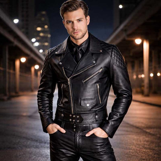 Premium natural grain cowhide motorcycle jacket featuring heavy-duty YKK zippers and button lapels