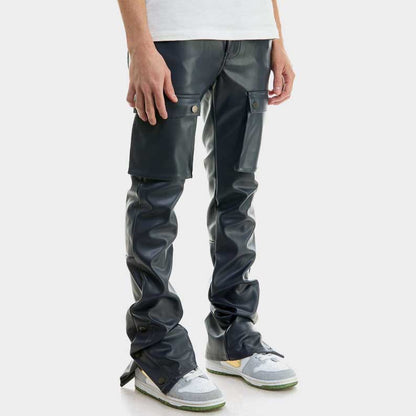 Premium navy blue leather pants with cargo pockets and smooth finish by Jackets Kingdom