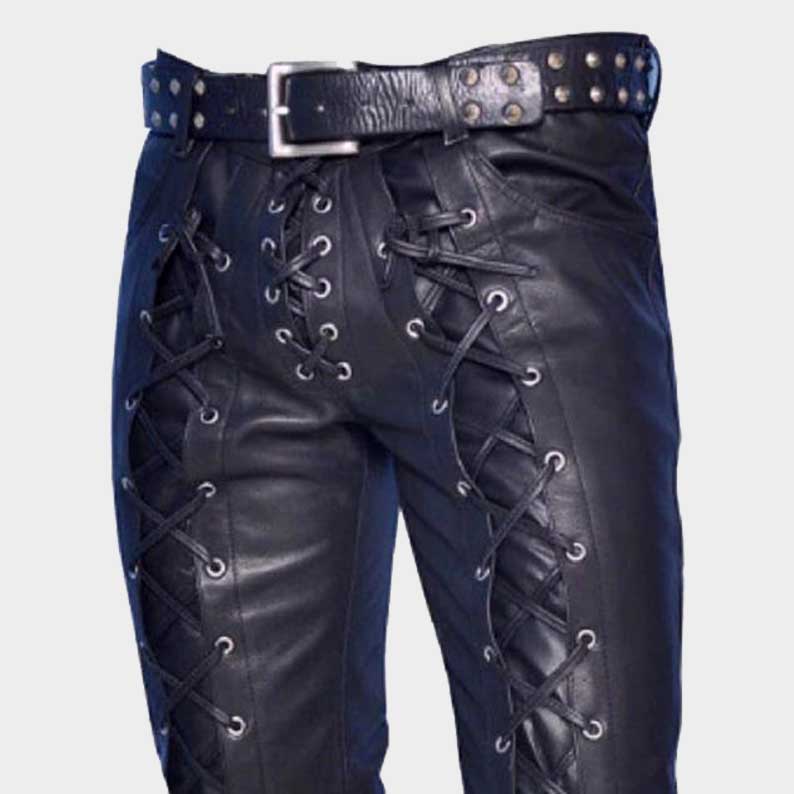 Premium punk rock leather pants with front lace closure and functional pockets by Jackets Kingdom