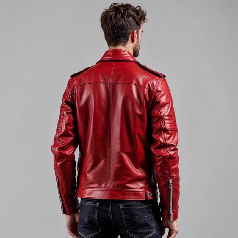 Premium red leather biker jacket with zippered cuffs and multiple functional pockets