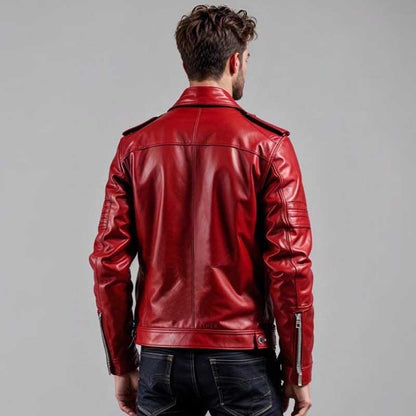 Premium red leather biker jacket with zippered cuffs and multiple functional pockets
