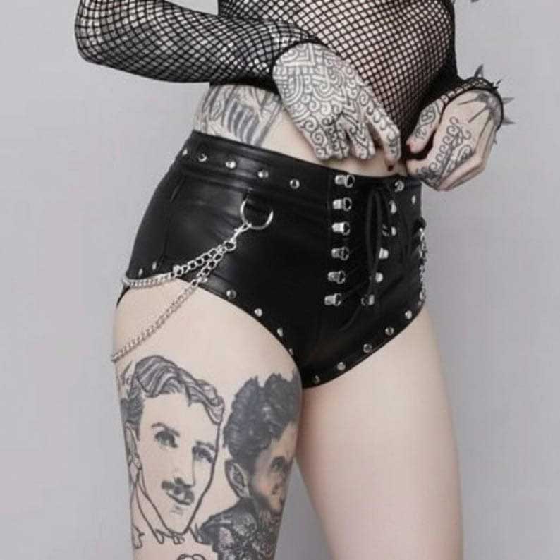Punk rave leather shorts with lace up front design for alternative fashion lovers by Jackets Kingdom