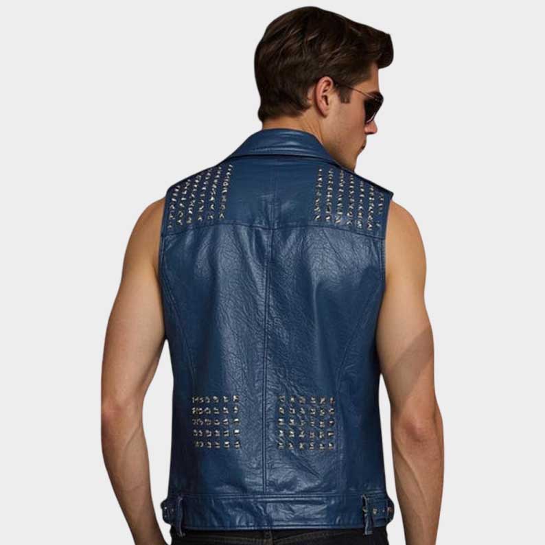Punk rock leather vest in blue featuring all over silver studs and asymmetrical zipper by Jackets Kingdom