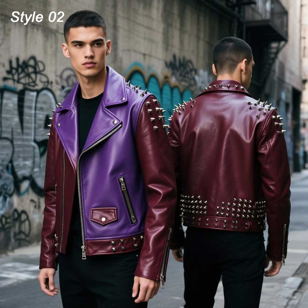 Purple Maroon Studded Leather Biker Jacket for Men - Handmade Punk Moto Style