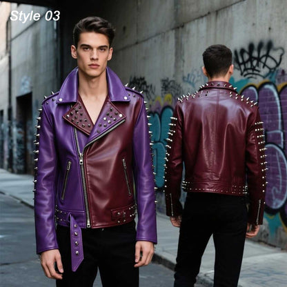 Purple Maroon Studded Leather Biker Jacket for Men - Handmade Punk Moto Style