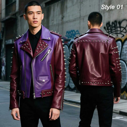 Purple Maroon Studded Leather Biker Jacket for Men - Handmade Punk Moto Style