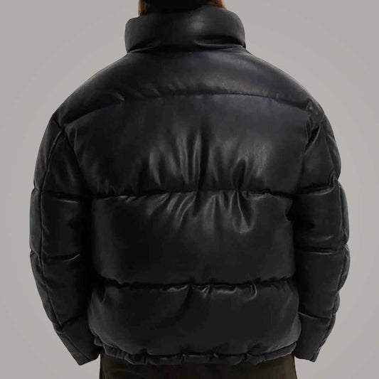 Quilted Black Puffer Jacket with Snap Button Placket and Zip Closure by Jackets Kingdom