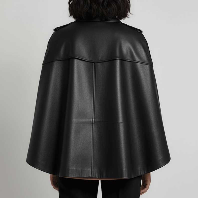 Real leather cape jacket for women featuring soft fabric lining and flowing design by Jackets Kingdom