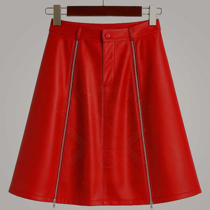 Red Cowhide Leather Skirt with Front Zip Unisex Streetwear