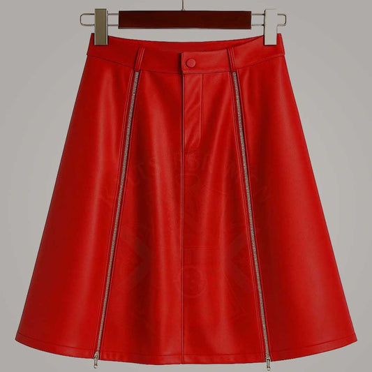 Red Cowhide Leather Skirt with Front Zip Unisex Streetwear