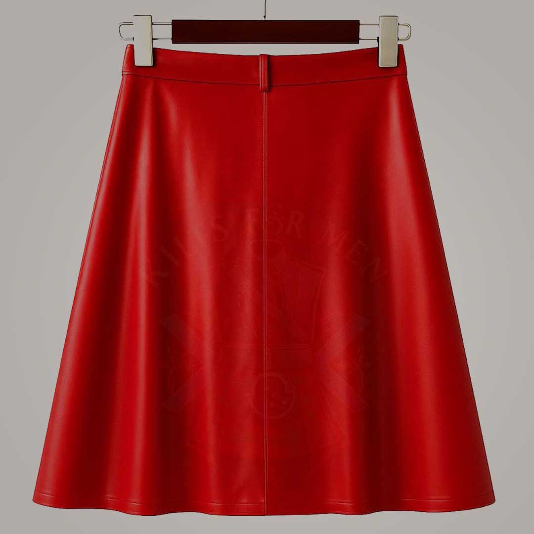 Red Cowhide Leather Skirt with Front Zip Unisex Streetwear