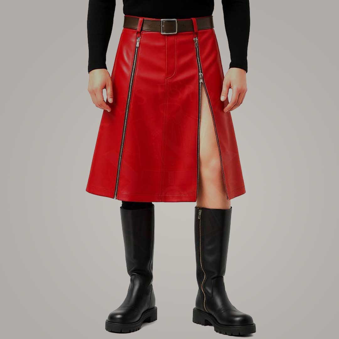 Red Cowhide Leather Skirt with Front Zip Unisex Streetwear
