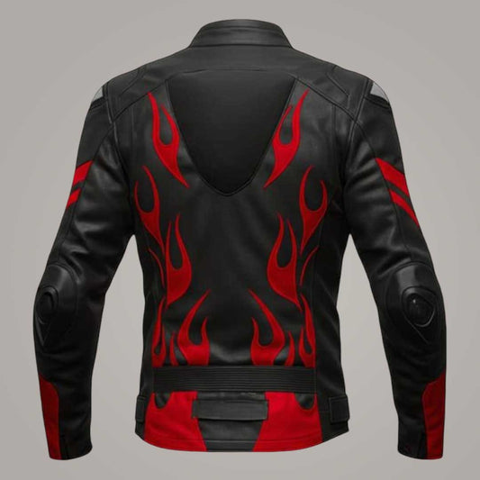 Red Flame Embroidery on Black Leather Biker Jacket Close Up Detail by Jackets Kingdom