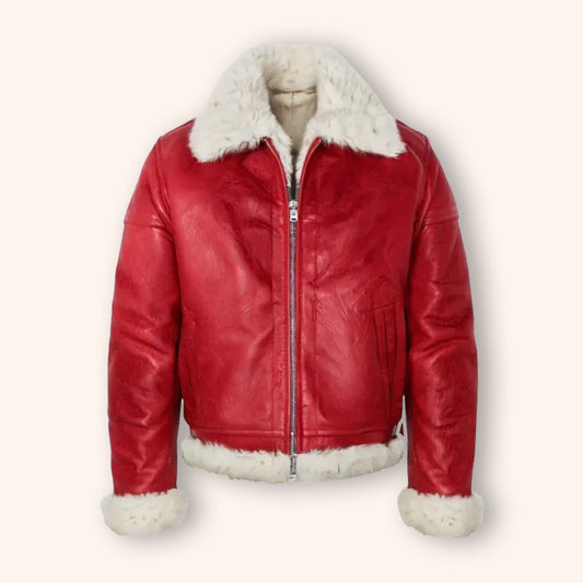 Red Leather Bomber Jacket with Faux Fur - Christmas Edition