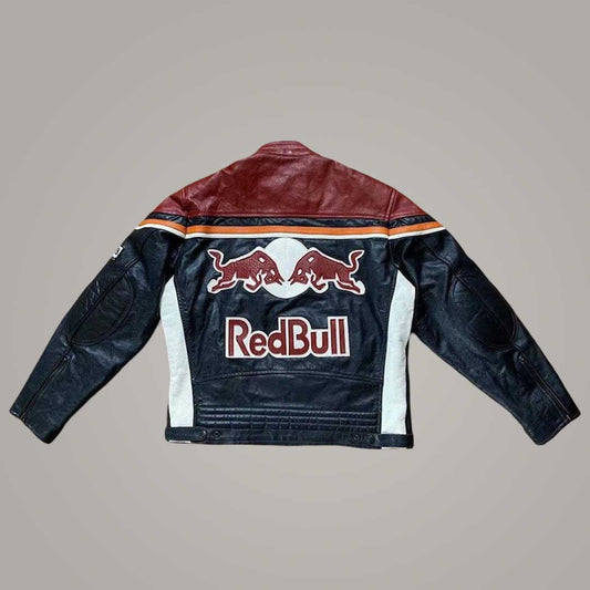 Red and black cowhide racing bomber jacket by Jackets Kingdom