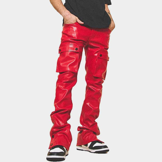 Red leather cargo pants for men in genuine sheepskin by Jackets Kingdom