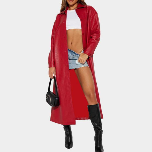 Red leather trench coat for women front view with single breasted buttons by Jackets Kingdom