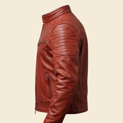 Red leather biker jacket padded shoulders rugged style
