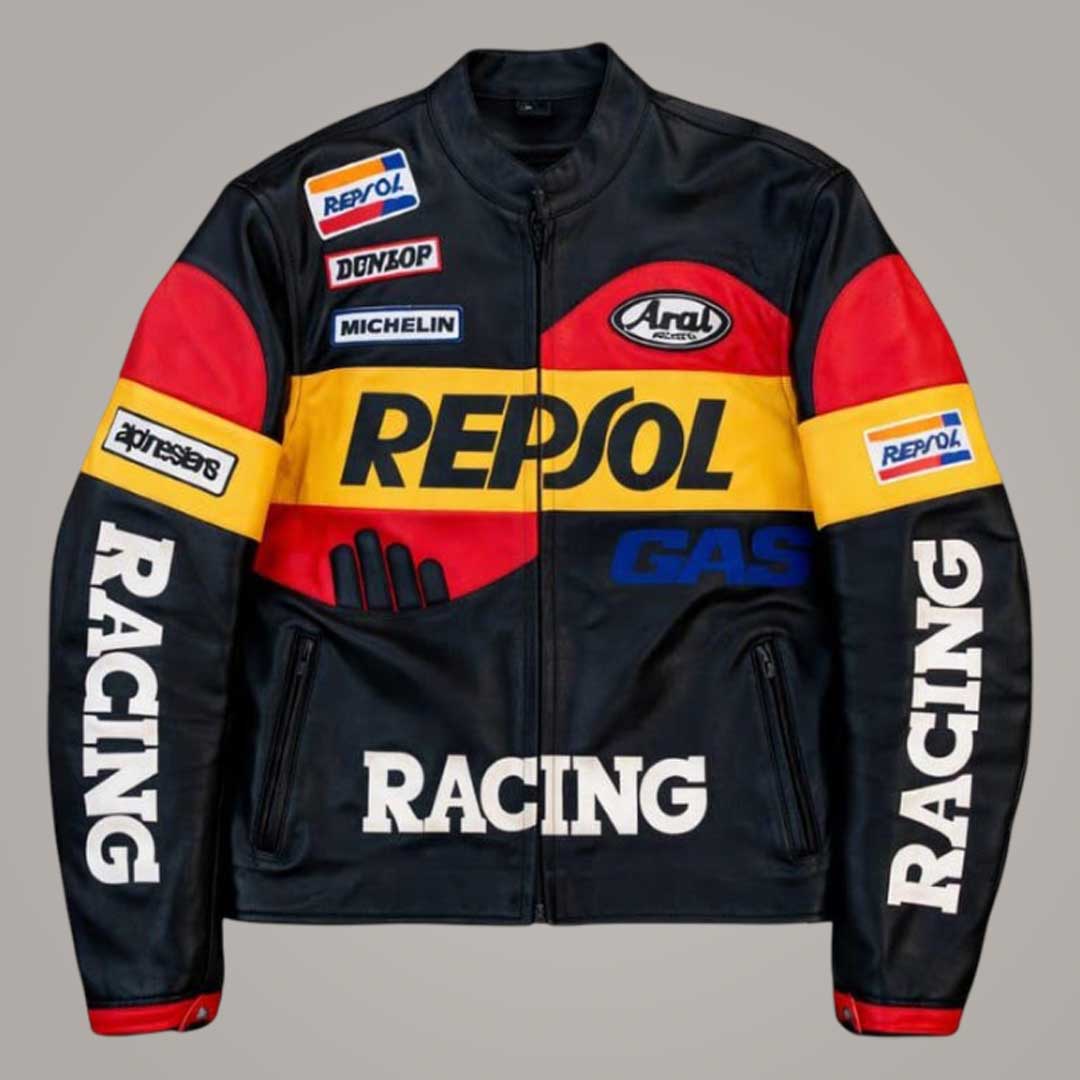 Repsol Racing Leather Jacket Front View with MotoGP Design by Jackets Kingdom