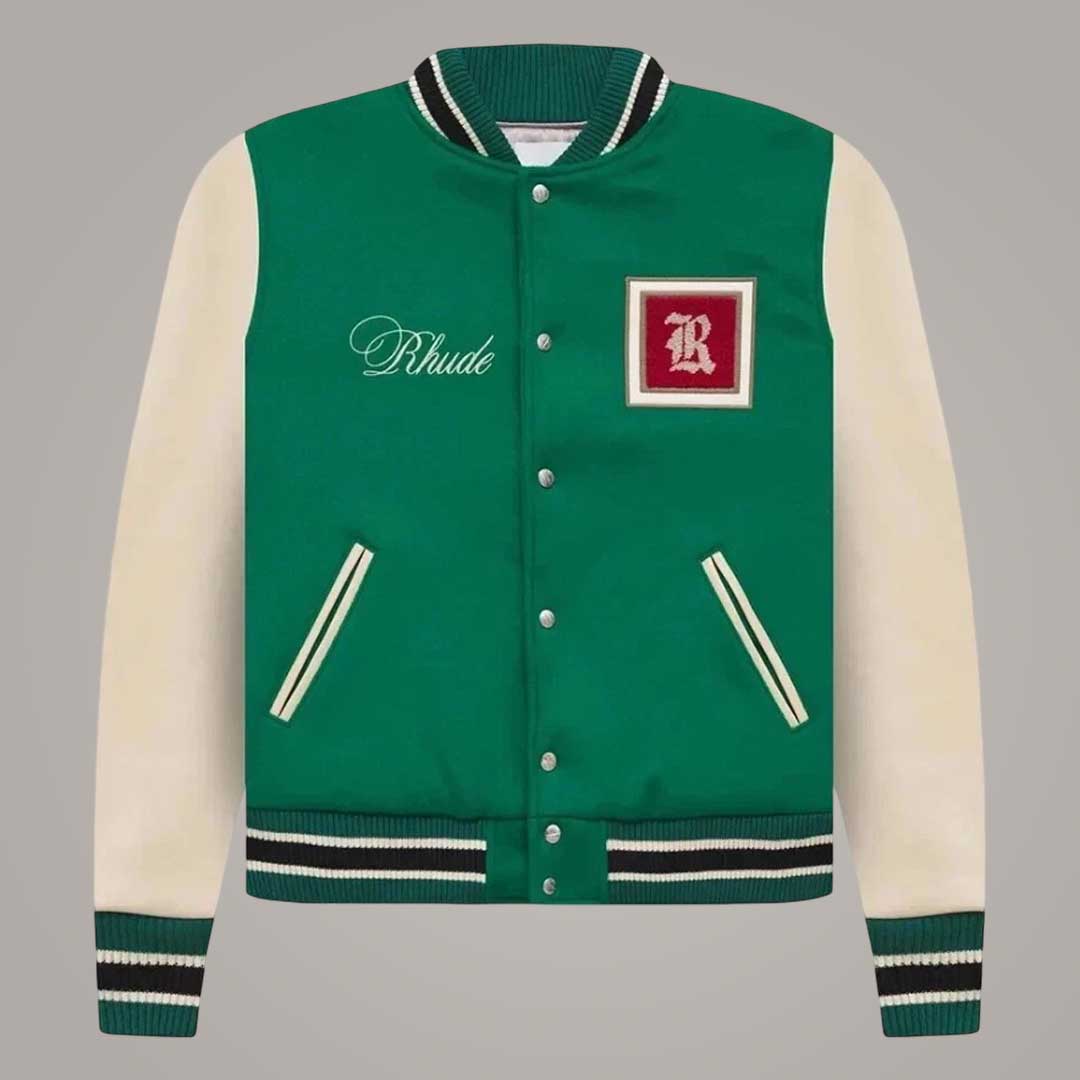 Rhude Green and Cream Varsity Jacket Wool and Leather