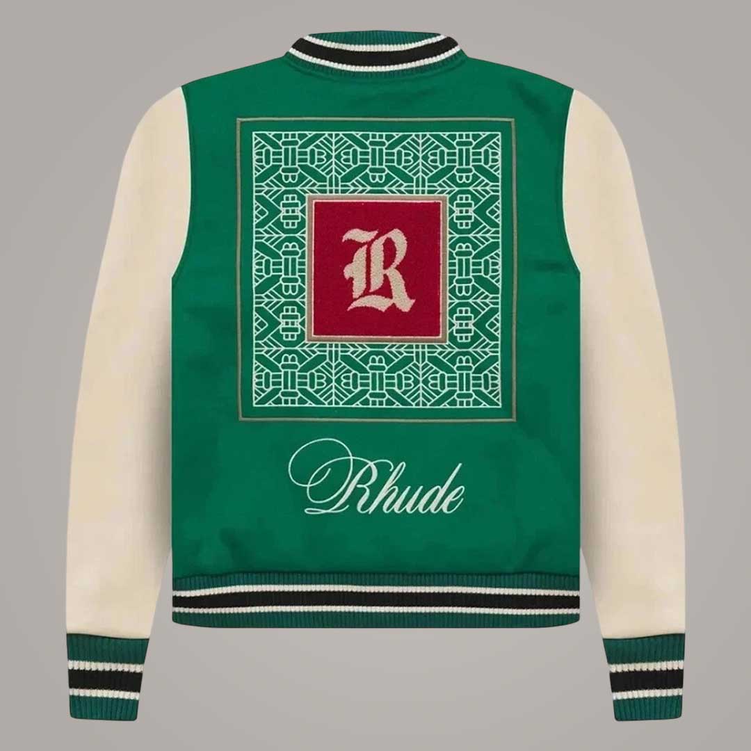 Rhude Green and Cream Varsity Jacket Wool and Leather