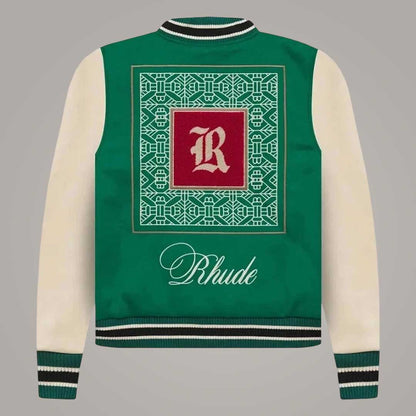 Rhude Green and Cream Varsity Jacket Wool and Leather