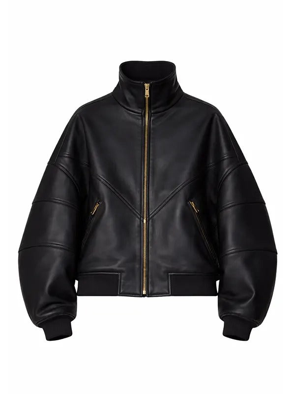 Rihanna Black Ruff Rider Oversized Real Leather Jacket with Stand Collar