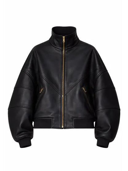 Rihanna Black Ruff Rider Oversized Real Leather Jacket with Stand Collar