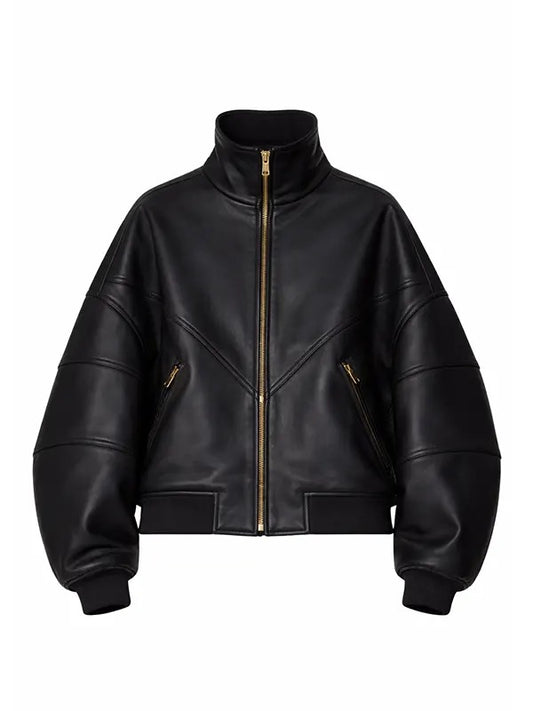Rihanna Black Ruff Rider Oversized Real Leather Jacket with Stand Collar