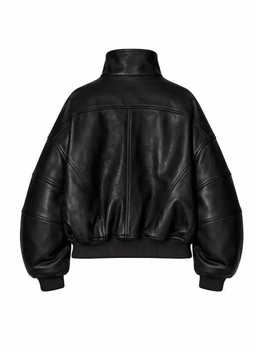 Rihanna Black Ruff Rider Oversized Real Leather Jacket with Stand Collar