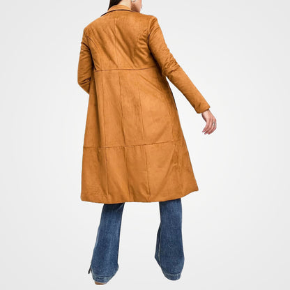 Rust Suede Leather Trench Coat - Notch Collar Long Coat