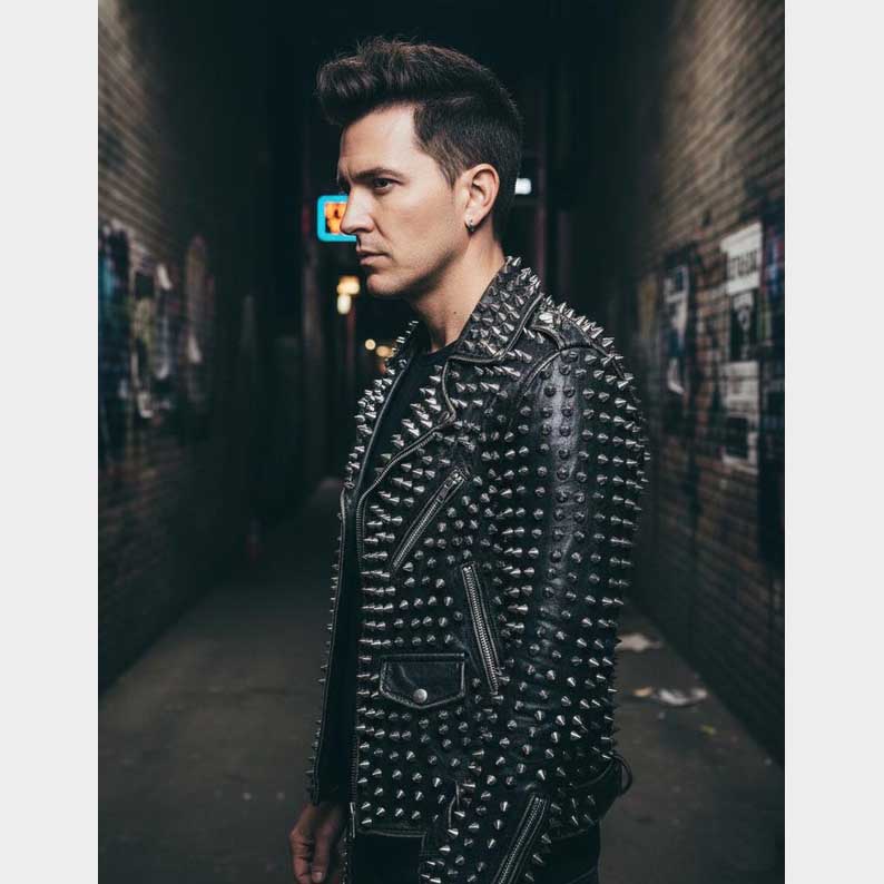 Side profile of handmade Black Studded Leather Jacket for Men by Jackets Kingdom