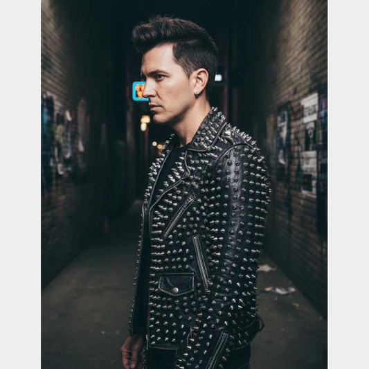 Side profile of handmade Black Studded Leather Jacket for Men by Jackets Kingdom