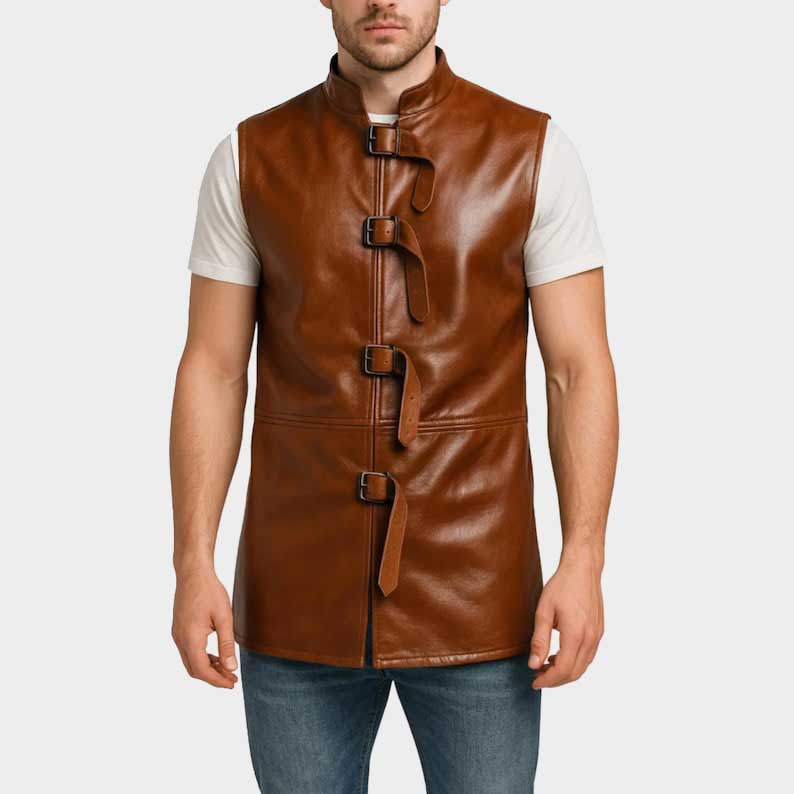 Sleeveless Gothic biker vest with utility pockets for men by Jackets Kingdom