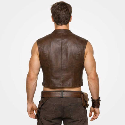 Sleeveless brown leather bar vest with structured cropped fit by Jackets Kingdom