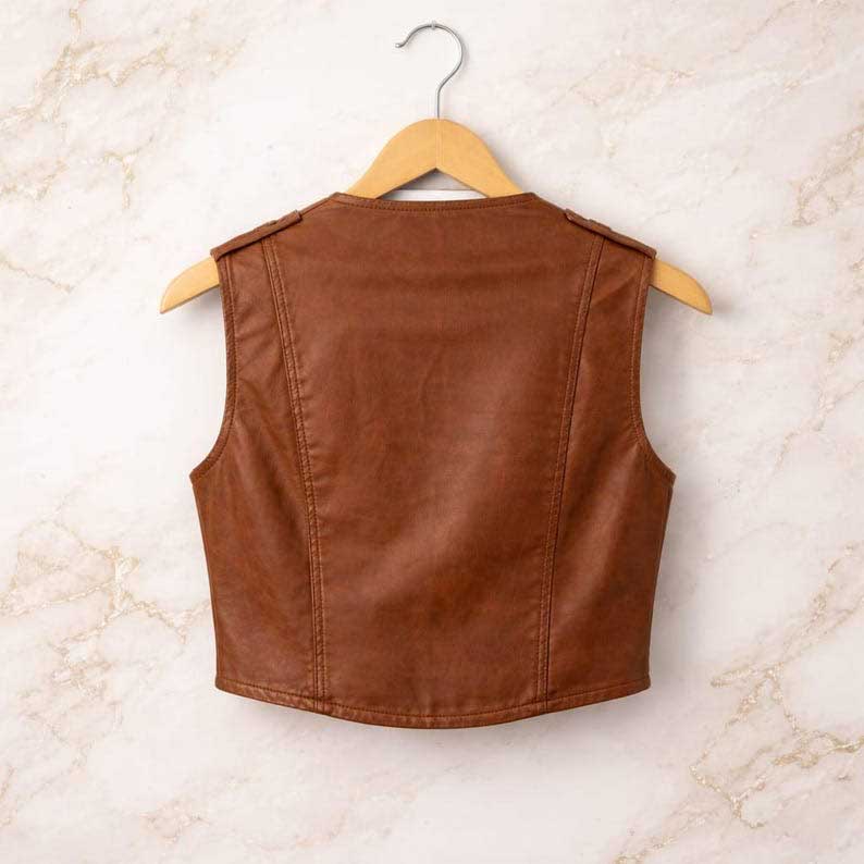 Sleeveless brown leather vest with contemporary cropped design for layering by Jackets Kingdom