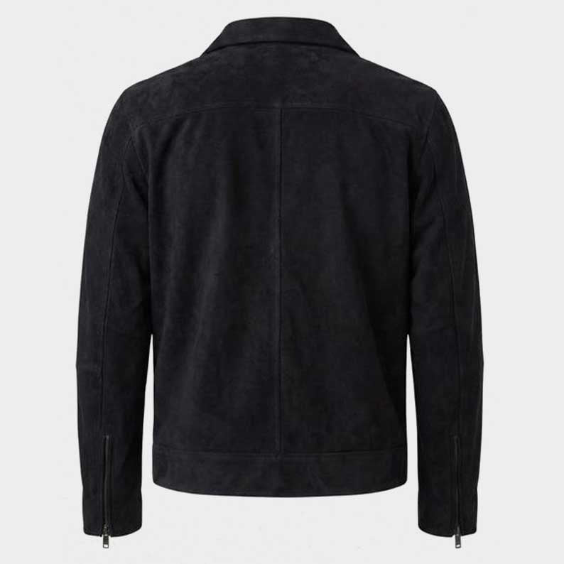 Slim fit black suede jacket with button cuffs and straight hem design by Jackets Kingdom