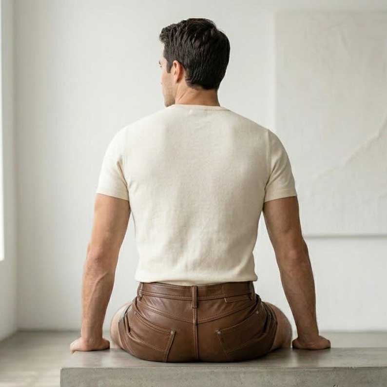 Slim fit brown leather shorts featuring soft polyester lining and double stitching by Jackets Kingdom