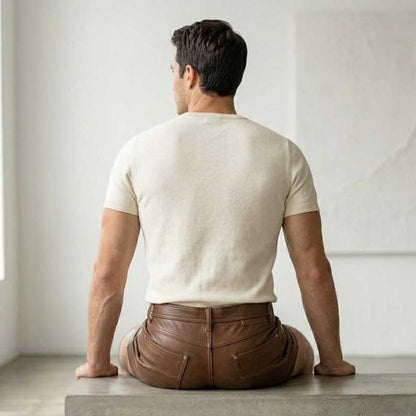 Slim fit brown leather shorts featuring soft polyester lining and double stitching by Jackets Kingdom