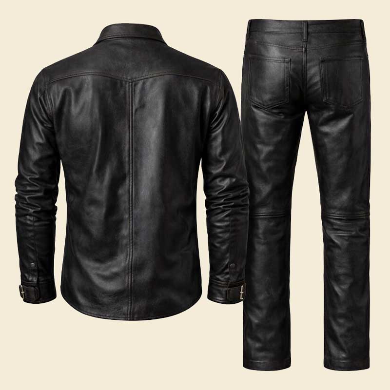Slim fit leather biker outfit with button shirt
