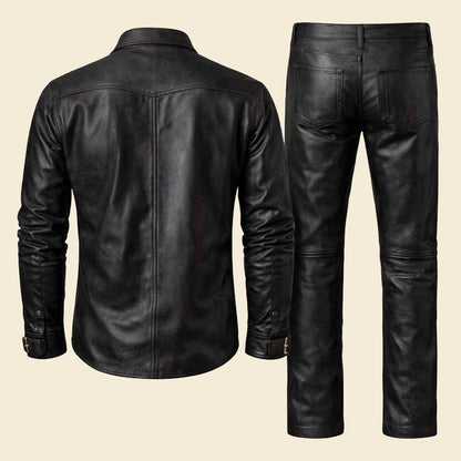 Slim fit leather biker outfit with button shirt