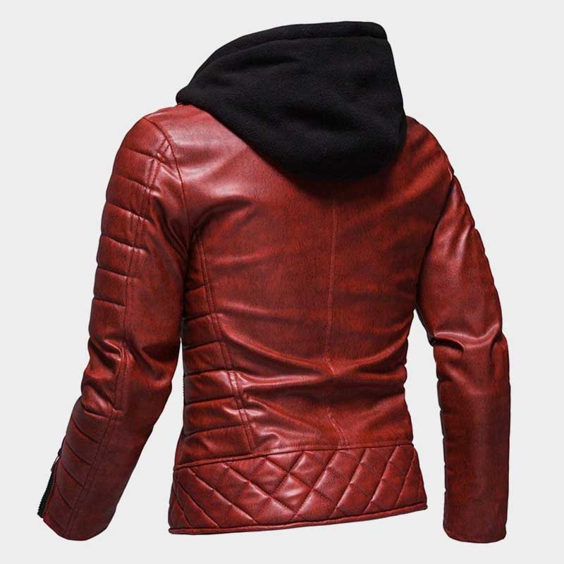 Slim fit red genuine leather moto jacket with black detachable hood by Jackets Kingdom