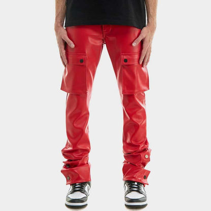Smooth finish red leather pants with satin lining for men by Jackets Kingdom