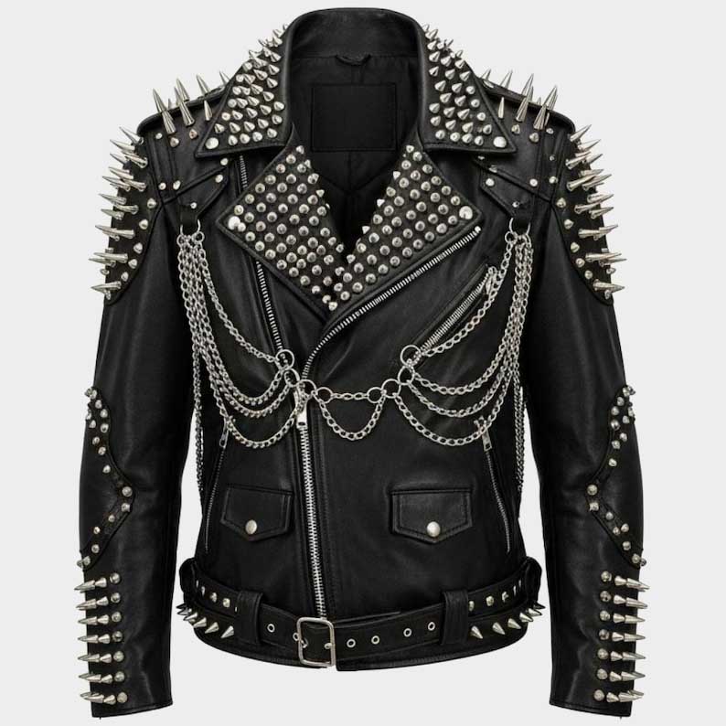 Spiked and studded leather biker jacket with skull motif front view showing chains by Jackets Kingdom