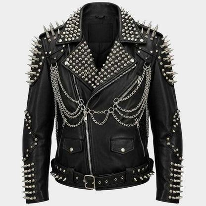 Spiked and studded leather biker jacket with skull motif front view showing chains by Jackets Kingdom