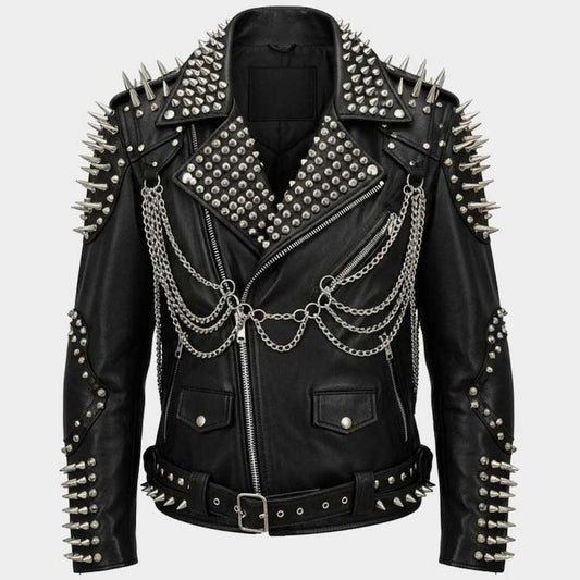 Spiked and studded leather biker jacket with skull motif front view showing chains by Jackets Kingdom